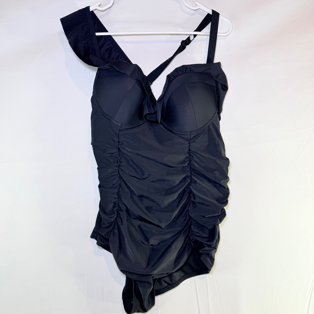 Black One Shoulder Ruffle Ruched One Piece Swimsuit Plus Size 1X XL